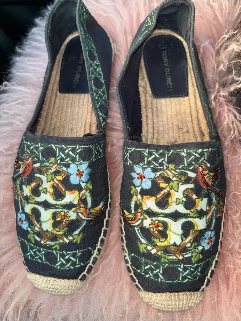 Tory Burch Black Embroidered Floral & Bird Espadrilles